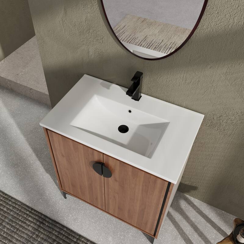 GDFStudio - Levistar Modern Freestanding Bathroom Vanity Cabinet with Ceramic Sink, Soft Close Doors & Metal Tripod - 30"