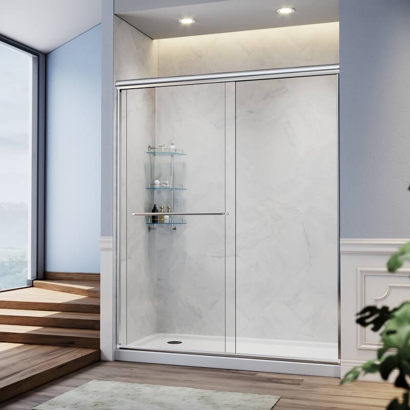 Elegant Double Sliding Shower Door 58.5-60 x 72" Width Cutting Guide Rail Adjustment Reversible installation