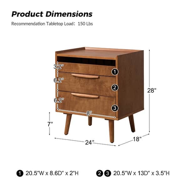 dimension image slide 0 of 5, Lisa Mid-Century Modern 24"W 3-Drawer End Table with Charging Station by HULALA HOME