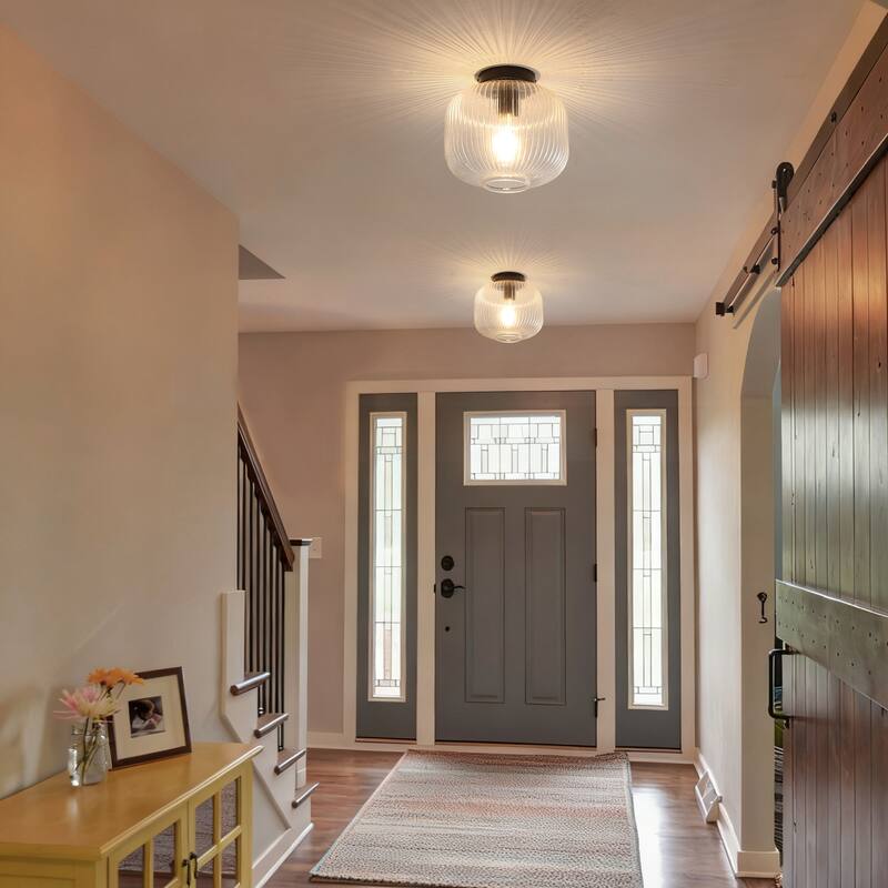 1-Light Mid-Century Modern Ribbed Glass Flush Mount Light