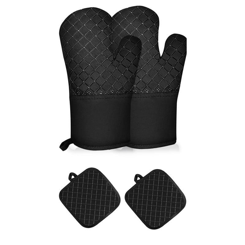 Heat Resistant BBQ Oven Mitts & Pan Rack Set Gloves for Baking, Cooking, Grilling