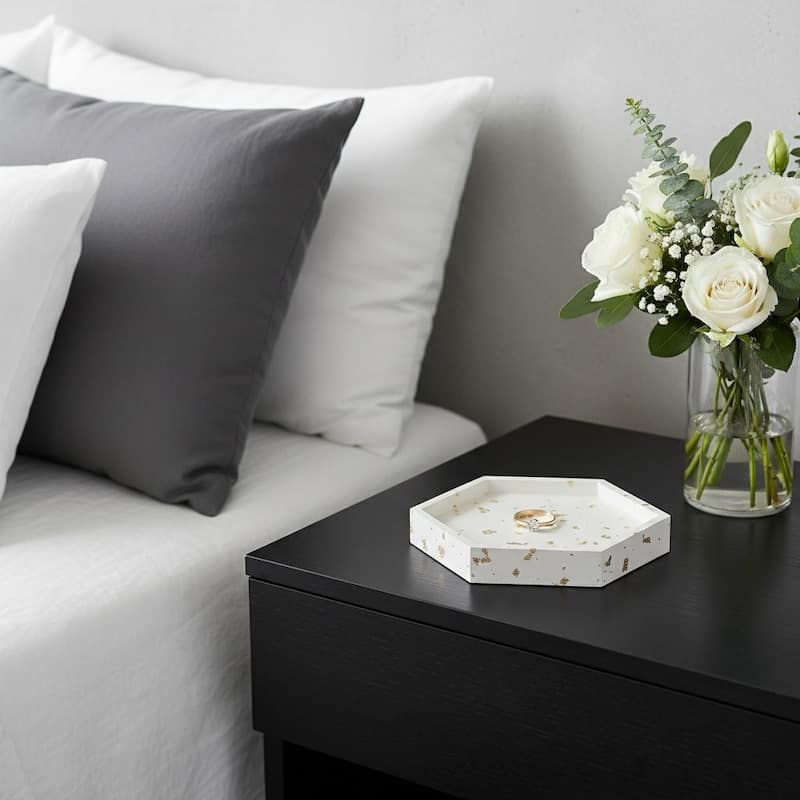 HomeRoots 5" White And Gold Resin Handmade Hexagon Trinket Tray - 4.50 in. x 0.50 in. x 4.00 in. - Gold/White - 4.50 in. x 0.50 in.  x 4.00 in.