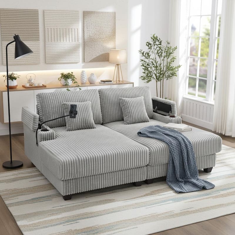 Modern Corduroy Chaise Lounge Sofa by Harper&Bright Designs. - Grey.