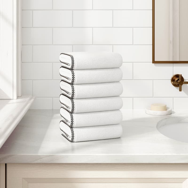 Linery & Co. Quick-Dry Cotton and Decorative Border Towel Set - White / Black - Hand Towel (Pack of 6)