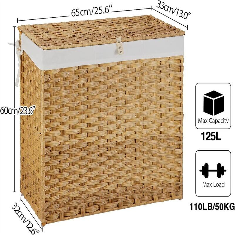 Laundry Hamper with Lid, 125L Large Clothes Hamper with 3-Section and 2-Section - 25.6"L x 13"W x 23.6"H