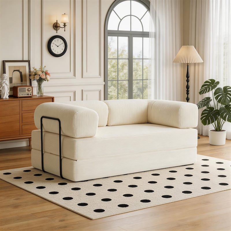 Corduroy Large Couch Convertible Floor Sofa Bed Sleeper - Beige