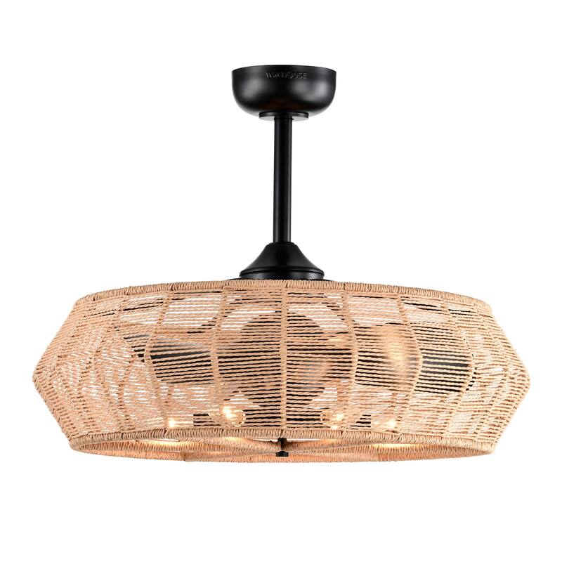 Akasha 28 Inch Rattan Rope 6 Light Fandelier with Remote (Beige Color)