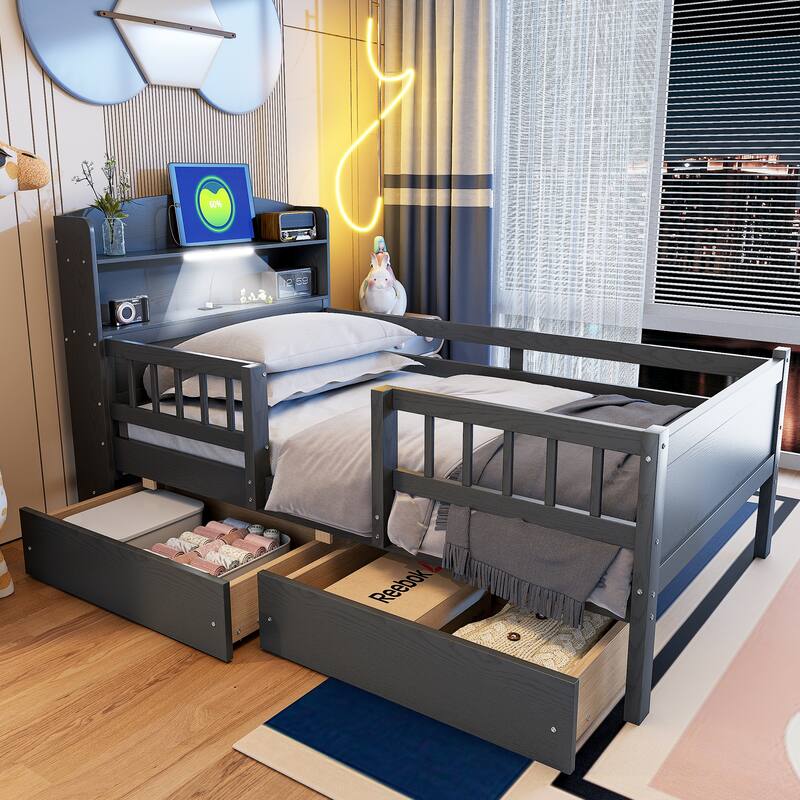 Wood Platform Bed with Built-in LED Light, Multi-functional Headboard, Guardrail and 2 Drawers