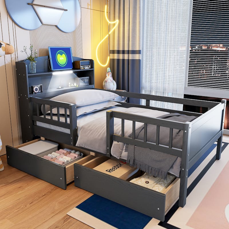 Wood Twin Size Platform Bed with LED Light, Multi-functional Headboard