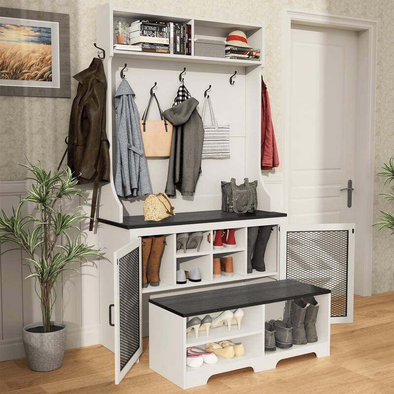 Gymojoy 77" Hall Tree with Bench & Shoe Storage, 4-in-1 Farmhouse Entryway Organizer for Mudroom, Hallway