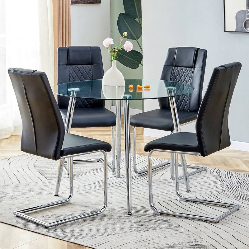 Modern 5-Piece Dining Set with Round Glass Top & 4 PU Upholstered Chairs