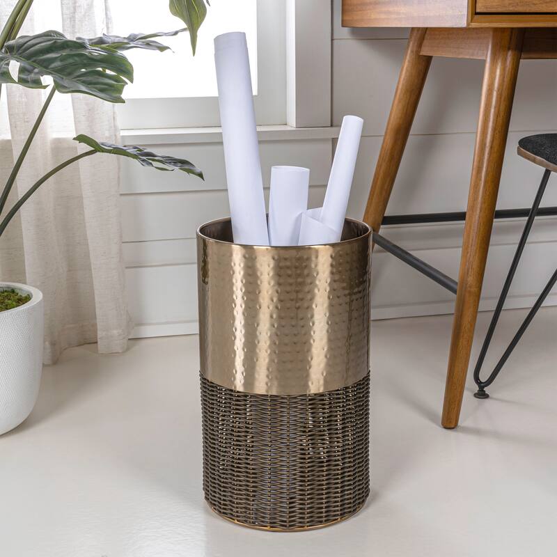 happimess Asher Modern 4.13-Gallon 2-Tone Faux Wicker/Metal Cylinder Waste Basket
