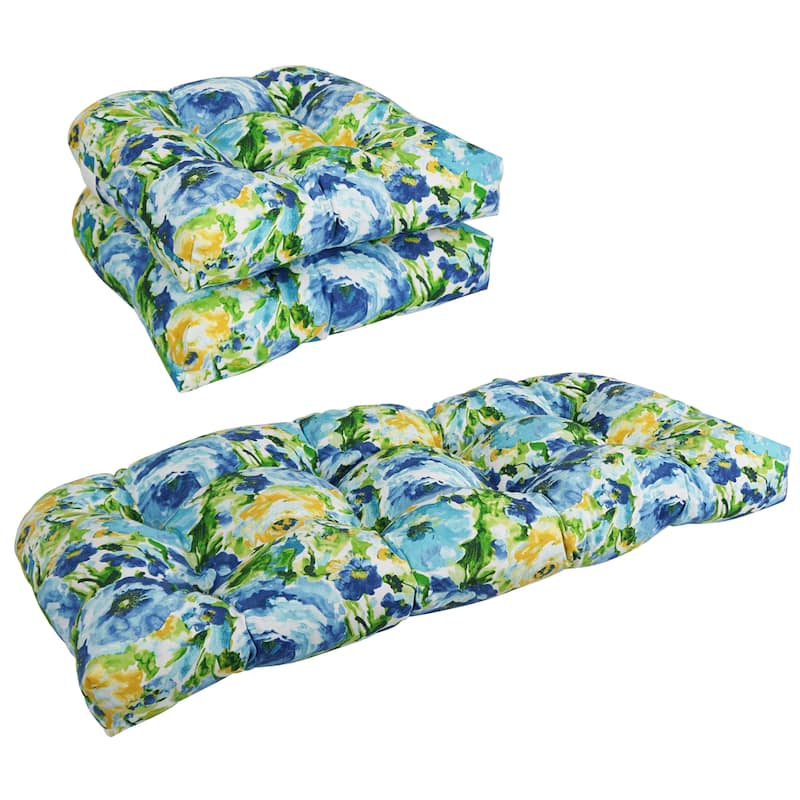 Rounded Back Tufted Indoor/Outdoor Settee Cushion Set (Set of 3) - 19 x 19 - Lesandra Sunblue
