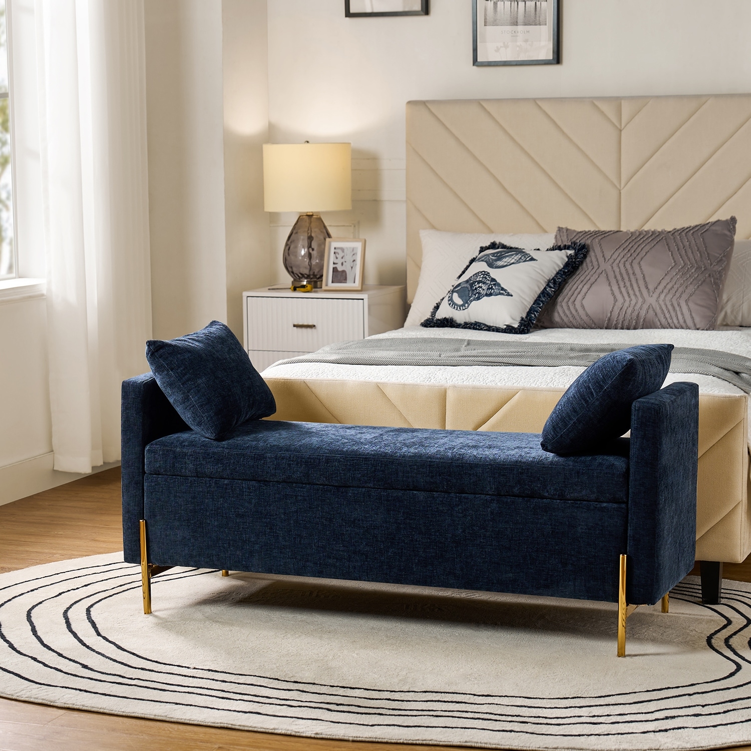 HULALA HOME Angelus Modern 56''W Upholstered Flip Top Storage Bench withTwo Pillows and Arms
