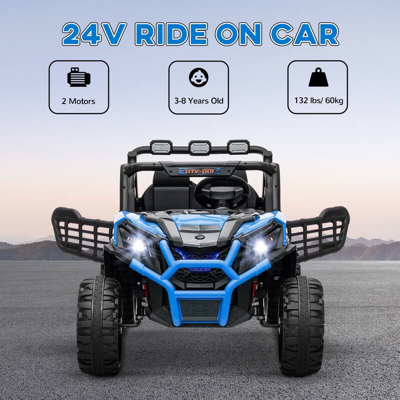 24V Kids Ride-On Car with Parent Remote Control, Battery Powered Electric Car Blue Off-Road Toy Car with Safety Belts
