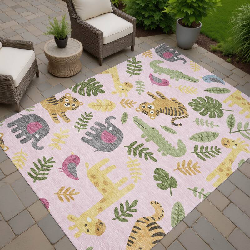 Machine Washable Indoor/ Outdoor Whimsy Safari Animals Chantille Rug