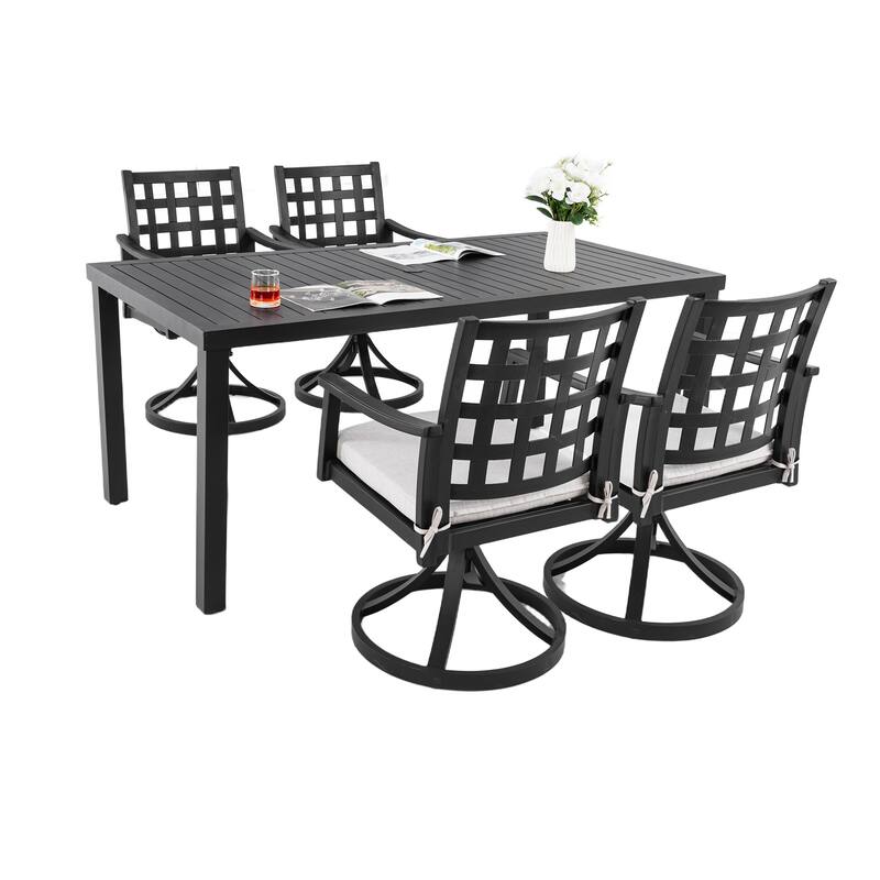 5-Piece Classic Patio Set - Cast Aluminum Table and 4 Swivel Rock Chairs, Textured Ember Black, Sunbrella