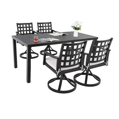 5 Piece Patio Dining Set, All Weather Outdoor Rectangular Dining Table Set with 4 Swivel Rocking Chairs and Umbrella Hole