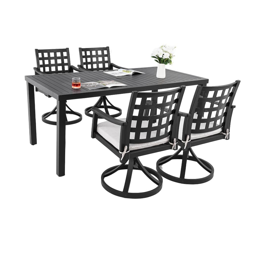 5 Piece Patio Dining Set, All Weather Outdoor Rectangular Dining Table Set with 4 Swivel Rocking Chairs and Umbrella Hole