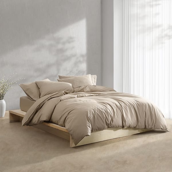 Calvin Klein Washed Percale Solid Cotton Duvet Cover Set - Camel Brown - King