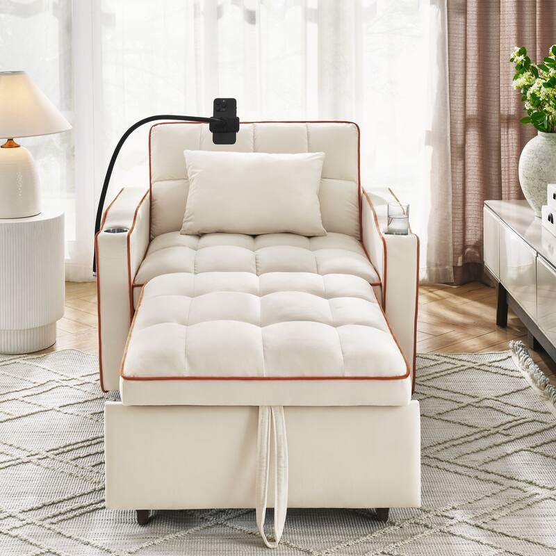 Beige Modern 35.83" 3 in 1 Velvet Single Convertible Sofa Bed with Adjustable Back and USB Charging Port for Living Room