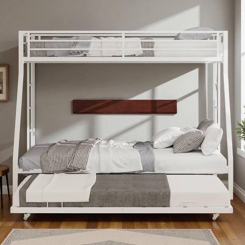 Full Size Metal Bunk Bed with Ladder and Rolling Trundle, Square Tube Frame, Heavy-Duty Triple-Sleeper for Home or Dorm