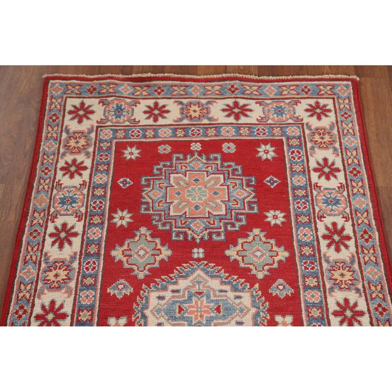 Geometric Red Kazak Runner Rug Hallway Hand-Knotted Wool Carpet - 2'7" x 8'0"