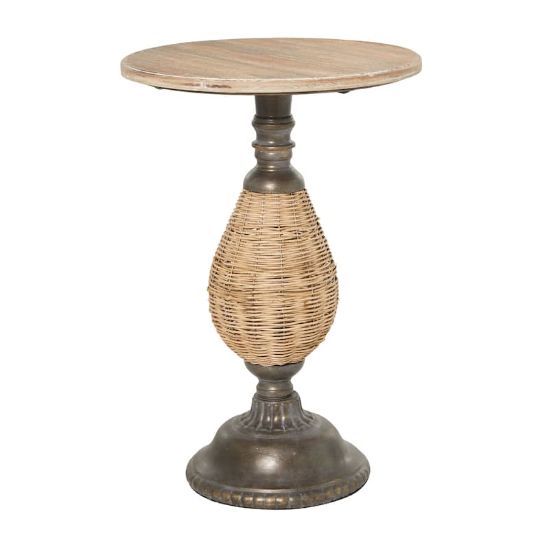 Brown or White Wood Farmhouse Accent Table with Black Metal and Rattan Base - 15"L x 15"W x 22"H