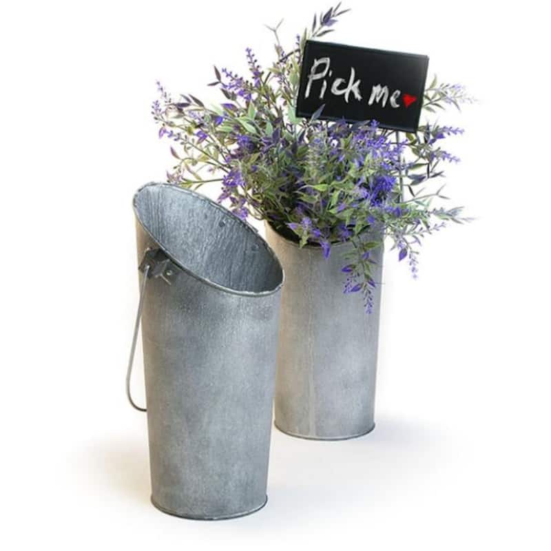 Vintage Metal Wall Pocket Pail for Home Decor and Tabletop Display - 5.25dia top x 8"H front x 11.25"H