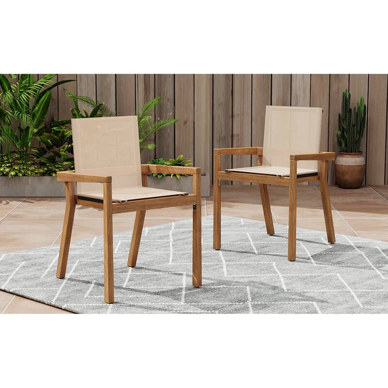 Roomfitters Set of 2 Outdoor Dining Chairs, Acacia Wood Teak Finish Frame with Breathable Mesh Seating, Beige