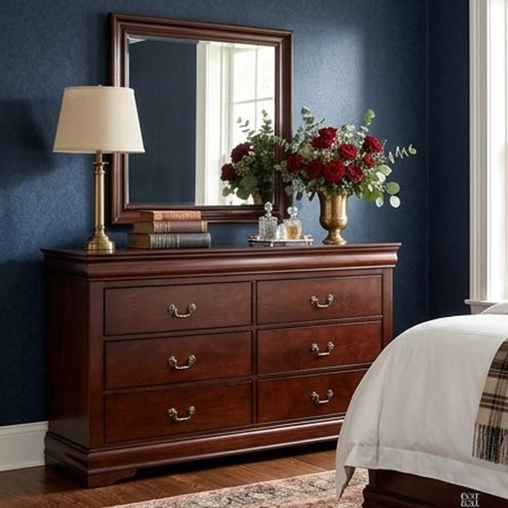 Ryla Wide Dresser, 6 Drawers, Bronze Metal Handles, Cherry Brown Solid Wood