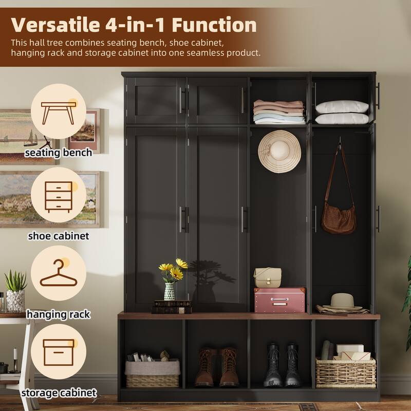 Farmhouse Hall Tree with 4 Hidden Hanging Hooks,Versatile Seating Bench with 8 Doors,Entryway Shoe Cabinet with Open Compartment