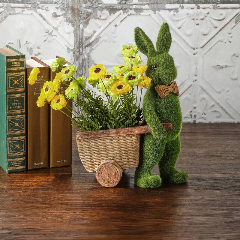 10.75" Resin Mossed Bunny With Cart