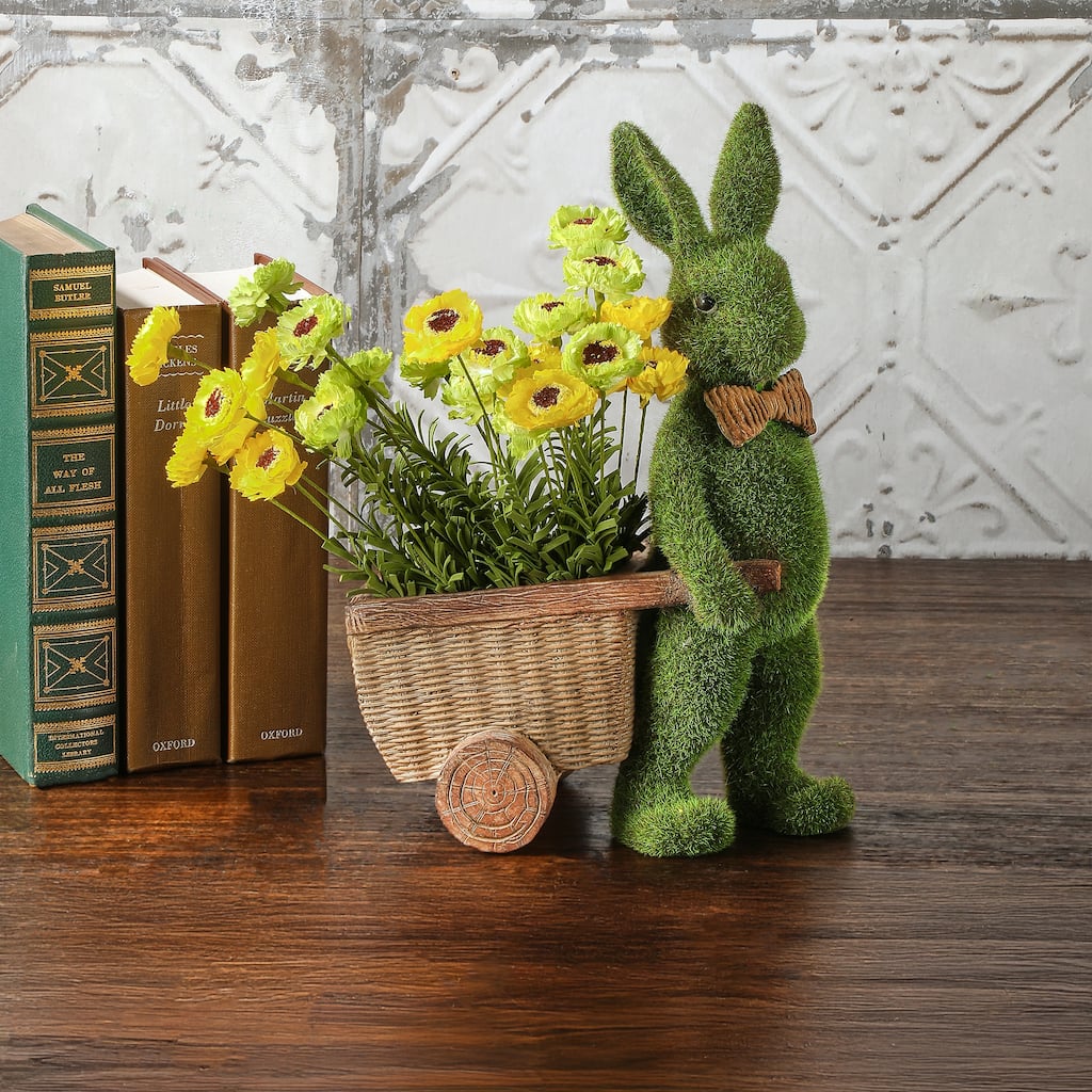 10.75" Resin Mossed Bunny With Cart