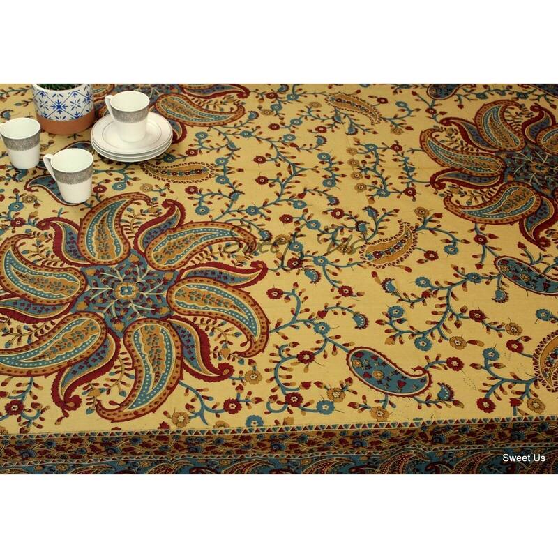 Cotton Block Print Paisley Floral Tablecloth Rectangle