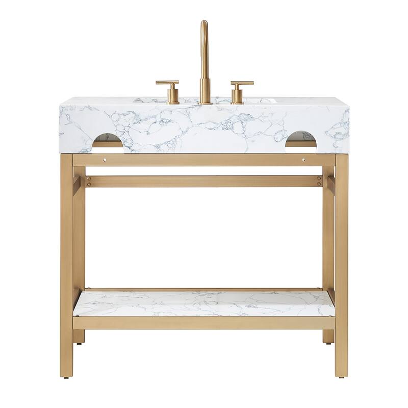Ecija Bath Vanity, Metal Support with Composite Stone Top and Mirror