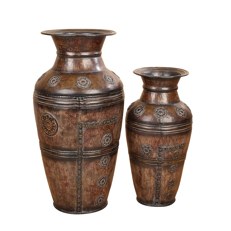 Metal Indoor Outdoor Large Vase with Floral Relief - Set of 2 Brown - Roche River Decor - 12"W x 12"L x 29"H