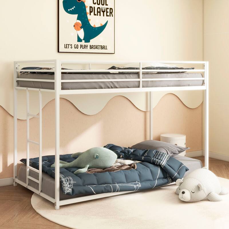 Twin-over-Twin Metal Bunk Bed with Guardrails, Stable Ladder and No Box Spring Needed - White