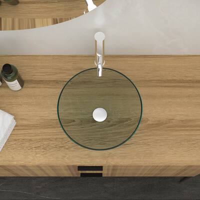 14 Inch Tempered Glass Bathroom Sink in Clear with Faucet and Pop-up Drain