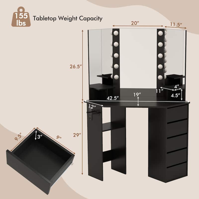 Costway Corner Vanity Desk Cosmetic Vanity Station with LED Mirror,& - See Details