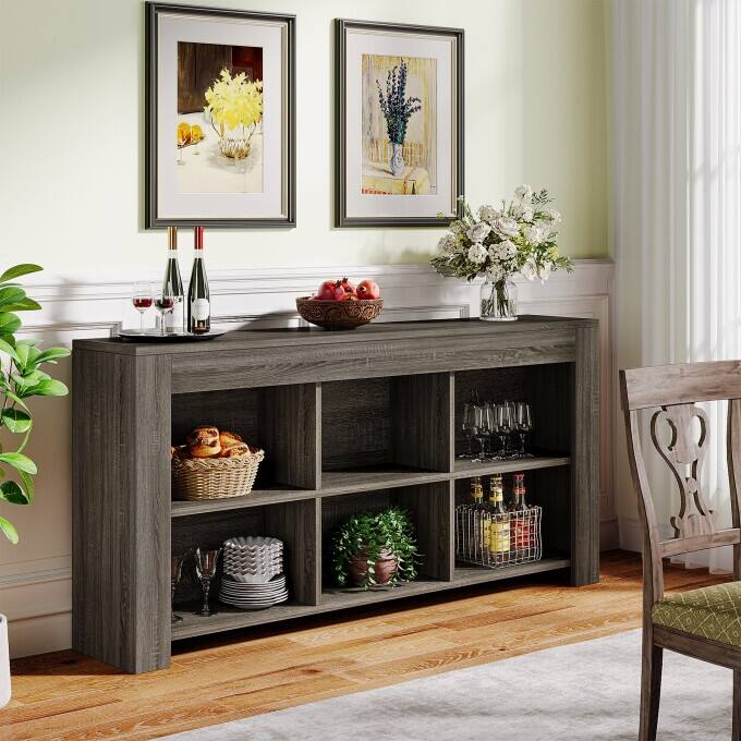 Long Console Table, Rustic Wood Entryway Table with 6 Storage Cubes