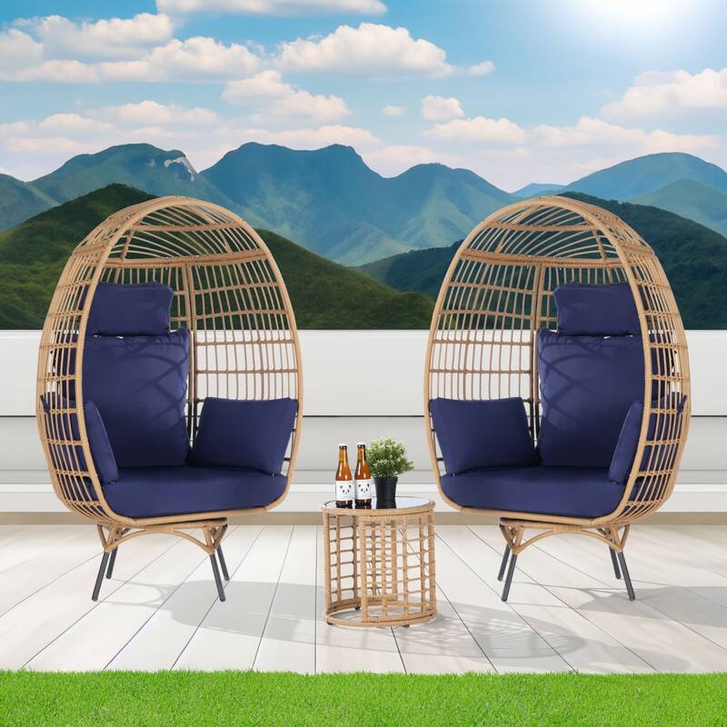 SANSTAR Set of 2 Patio Oversized Swivel Brown Wicker Egg Chairs with Cushions - Navy Blue