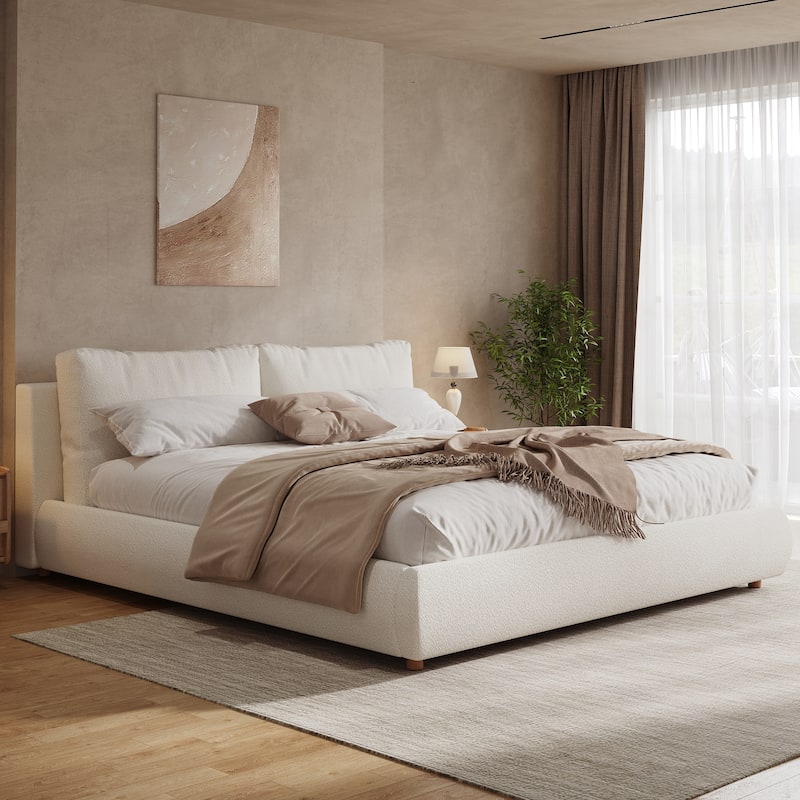 White Low-Profile Platform Bed Boucle Fabric Upholstered Frame with Wood Slat Metal Legs Support, 2 Removable Pillows Headboard - White - King