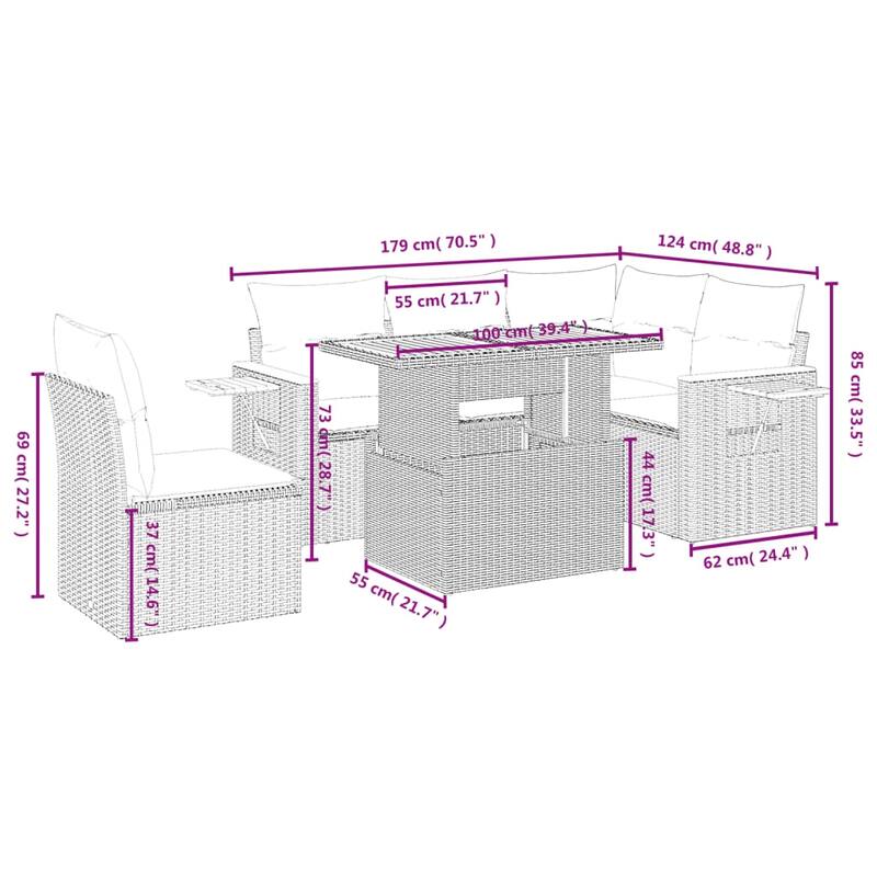 vidaXL Patio Sofa Set with Cushions Outdoor Furniture 6 Piece Poly Rattan - 21.7 x 39.4 x 28.7 in