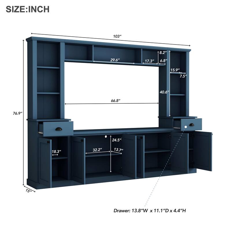 Modern Entertainment Wall Unit with Bridge, TV Stand for Up to 75" TVs, Large Media Console with Adjustable Shelves