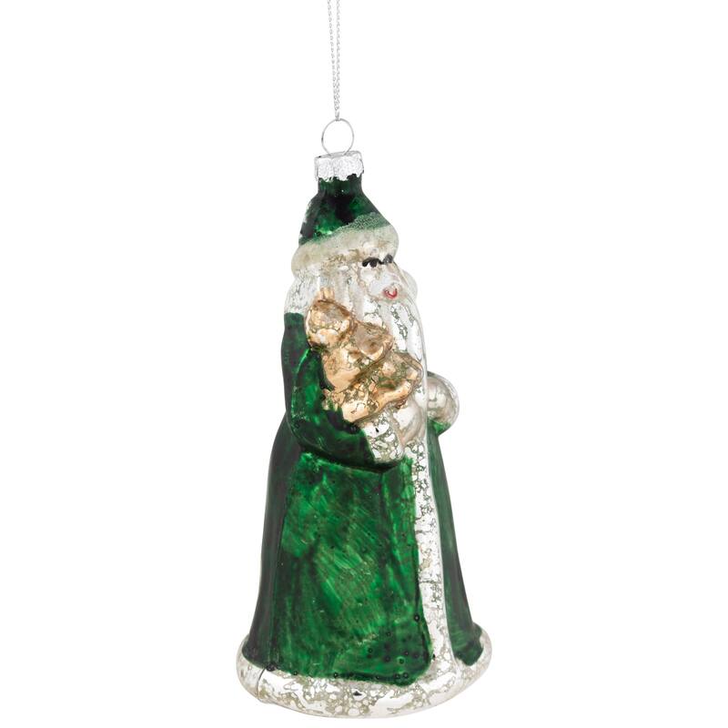 Nordic Santa Hanging Glass Christmas Ornament - 5.5" - Green and Silver
