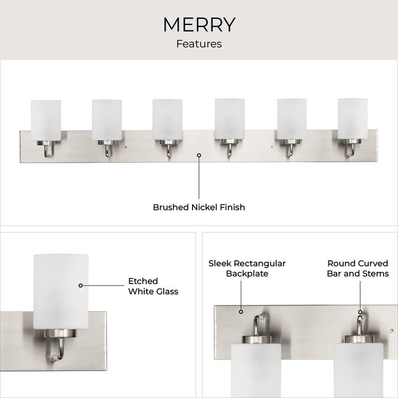 Merry Collection Six-Light Brushed Nickel and Etched Glass Transitional Style Bath Vanity Wall Light - 48 in x 5.75 in x 8.25 in