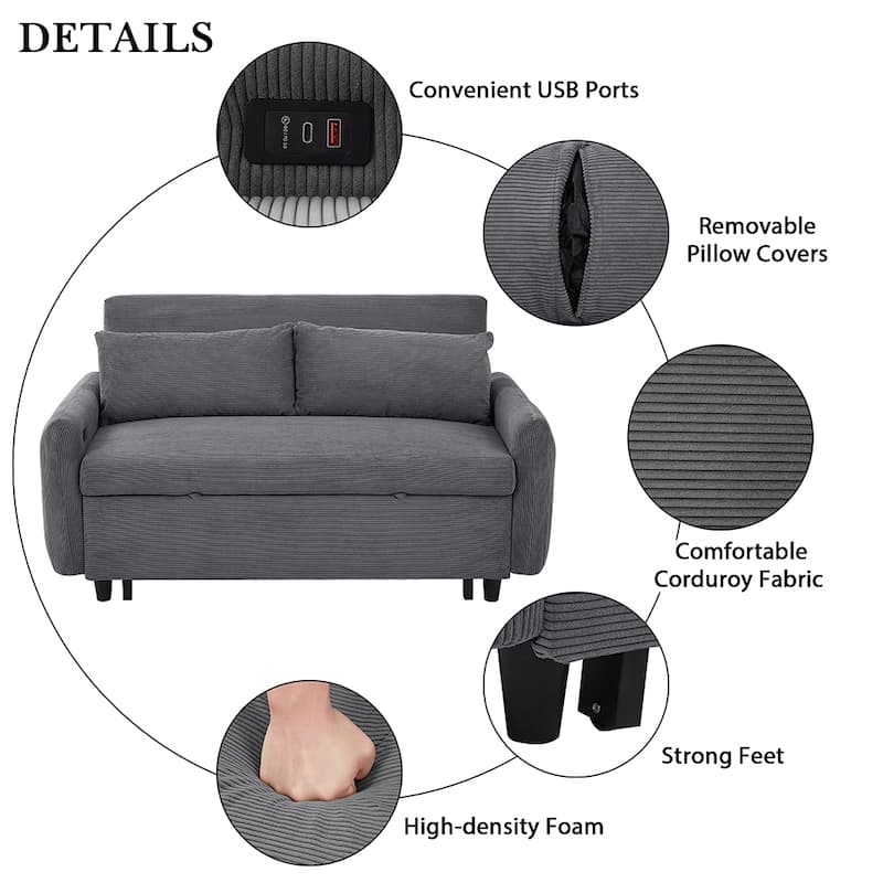 57.48" Modern Sleeper Loveseat, USB Ports and 2 Pillows Included