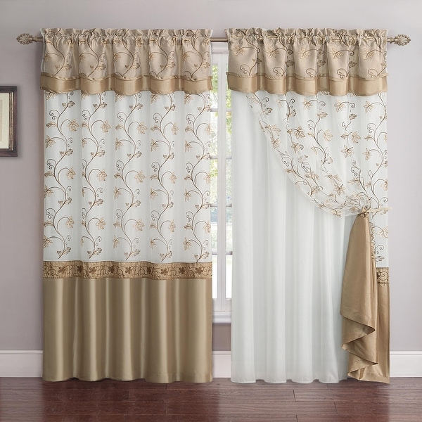Andrea Embroidered Rod Pocket Window Curtain Panel with Attached Valance & Faux Silk Backing - 55" x 90". Opens flyout.