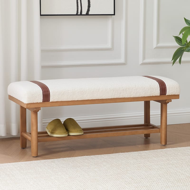 2-Tier Solid Wood Upholstered Entryway Shoe Bench with Storage Shelf - 44.49"W x 16.54"D x 18.11"H - Cream